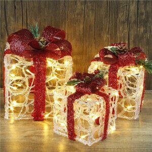 Set of 3 Lighted Gift Boxes Christmas Decorations, Clear Acrylic Pre-lit Present